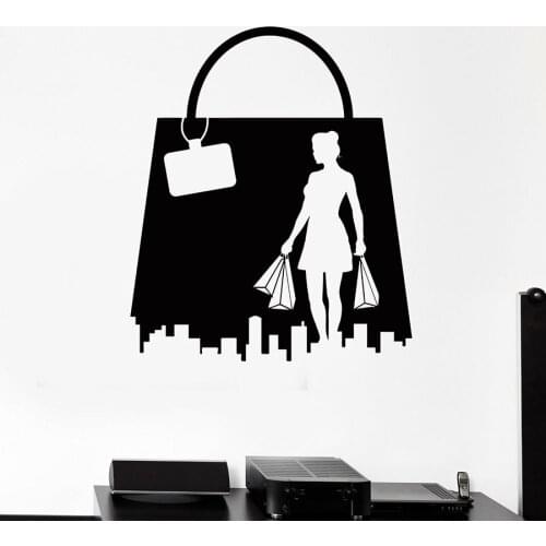 Shopping Girl Wall Decal Woman Fashion Shop Leather Bag Vinyl Window Stickers Interior Decor The Mall Center Art Mural S1281