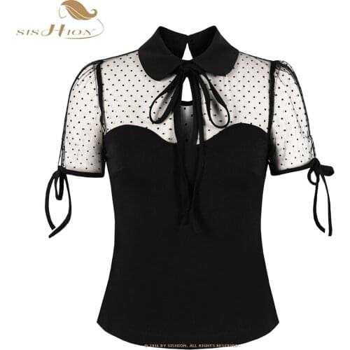 SISHION Sexy Women Vintage Tops VD1920 Short Sleeve Tulle Patchwork Black Blouses Femme Shirts Women