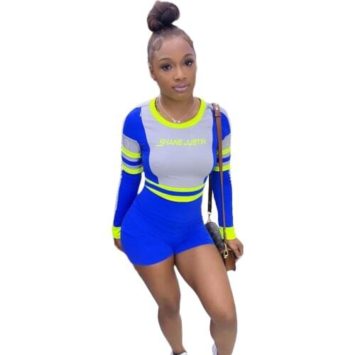 Contrast Color Letter Printed Tracksuit Skinny One Piece Jumpsuits And Rompers For Womens Outfits Long Sleeve Biker Shorts