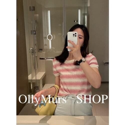 Embroidered contrasting pink striped sweater silk and linen blend lightweight comfortable texture short-sleeved pullover sweater