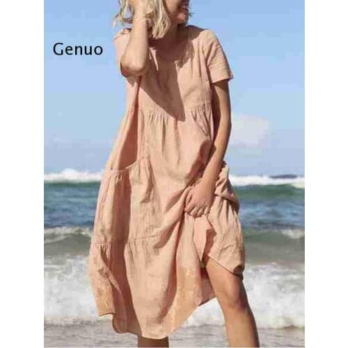 Vintage Casual Midi Dress Womens Sundress Elegant Short Sleeve Tunic Vestidos Female o Neck Cotton Robe Plus Size