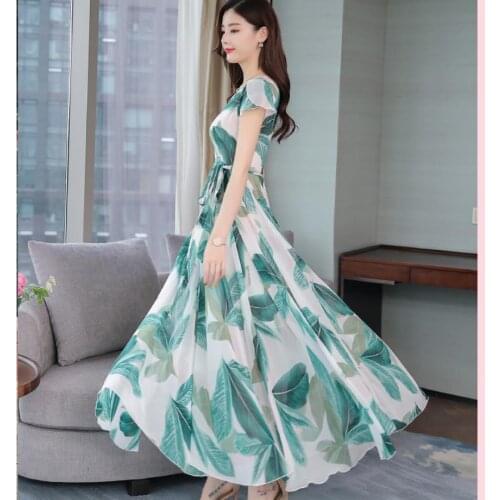Xincooler New Summer Middle Aged Female Print Chiffon Short Sleeve Fashion Dress Fashion Slim Plus Size Holiday Dresses Sashes