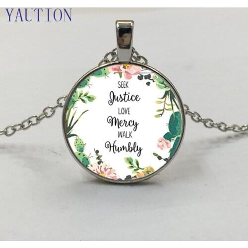 YAUTION Seek Justice, Love Mercy, Walk Humbly Quote Pendant Necklace Bible Verse Jewelry Faith Inspirational Gifts for Women Men