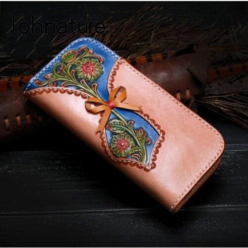 Johnature High Quality Hand Carved Genuine Leather Wallets Women Purse 2020 New Retro Large Capacity Cowhide Wallet Card Holder