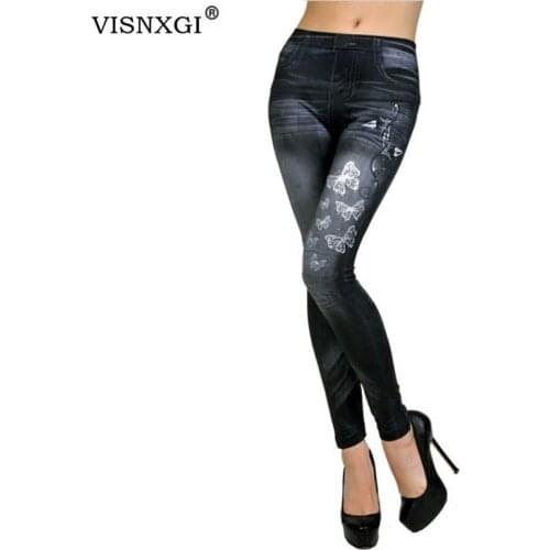 VISNXGI Women Fashion Stretchy Leggings Slim Leggings Faux Denim Jeans Skinny Jeggings Pants Butterfly Print Bottoms Hot Sale