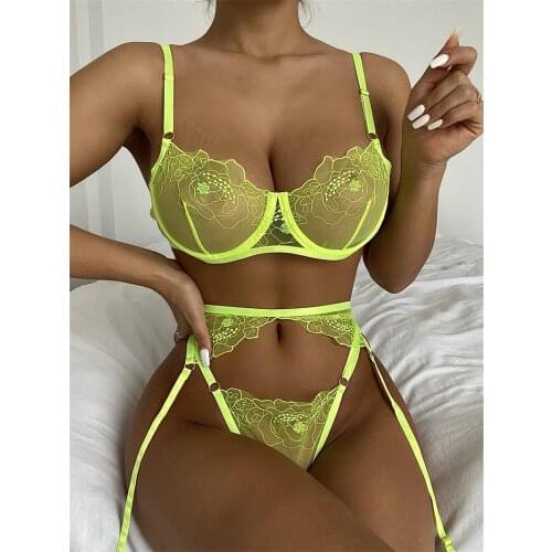 Women Sexy 3Pcs Lingerie Set Babydoll Solid Color Perspective Lace Bra + Panties+ G-string Garter Ladies Exotic Underwear Set
