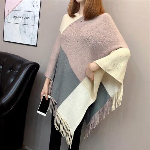 Zoki Women Sweater Poncho Autumn Tassel Fashion Batwing Long Sleeve Winter Striped Knitted Jumper Casual Plus Size Capes 2021