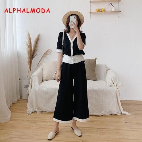 ALPHALMODA V-collar Short-sleeved Jacket + Broad-legged Pants Spring New Style Fashionable Knitted Suit 2pcs Apparel Sets