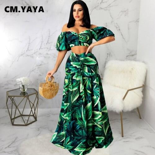 CM.YAYA Women Set Print Short Sleeve Off Shoulder Crop Tops Loose Long Skirts Two 2 Piece Sets Fashion Vintage Outfits Summer