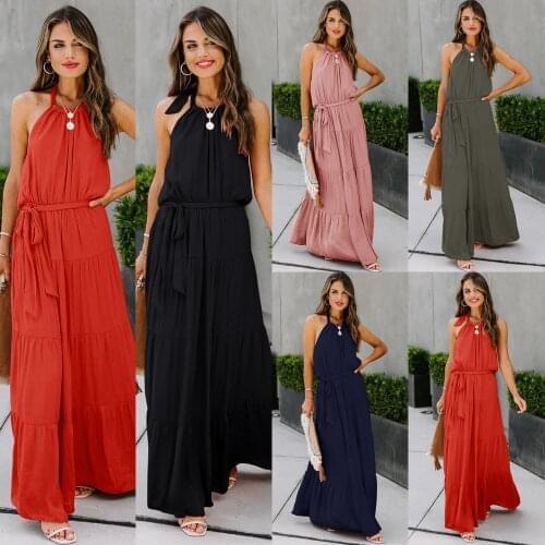 Summer Dress Women Robe Femme Halter Maxi Dresses Sleeveless Sashes Ruffle Long Dress For Womens Clothing 2021 Vestido De Mujer