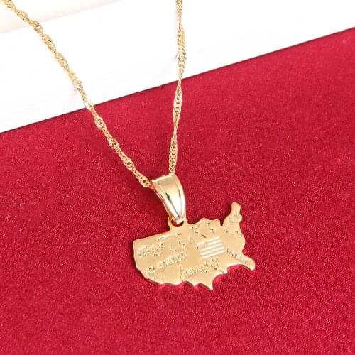 USA America Map Necklace Pendant For Women 24K Gold Color Jewelry Love United States Maps U.S. Country American Euro-American