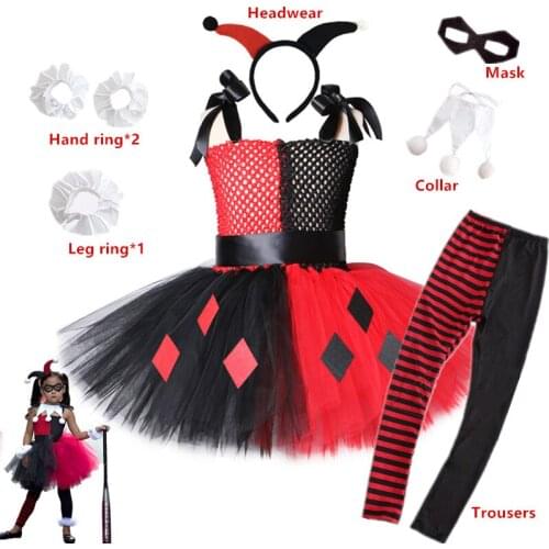 Clown female Tutu Dress Happy Purim Girls Birthday Party Dresses Carnival Halloween harley squad quinn Cosplay Costume For Kids