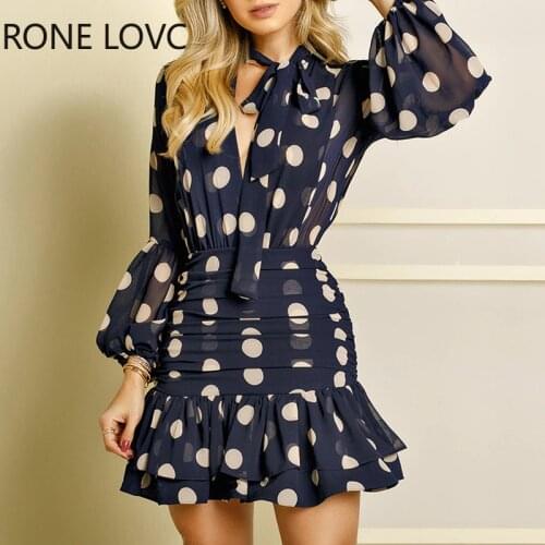 Women Long Sleeves Dot Print Ruffles Mesh Open Back Dress Elegant Fashion Chic Dress