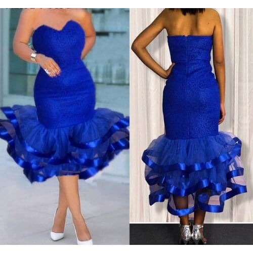 2021 Sexy Royal Blue Lace Short Prom Dresses Plus Size Tea Length Sweetheart Graduation Ruffles Party Gowns Robe De Soriee
