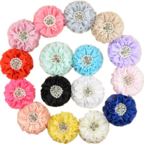 New Stock Handmade 3" Beaded Chiffon Flowers Pearl Rhinestone Ruffled Flower 16 colors Hair Accessories Free Shipping 30pcs FH24