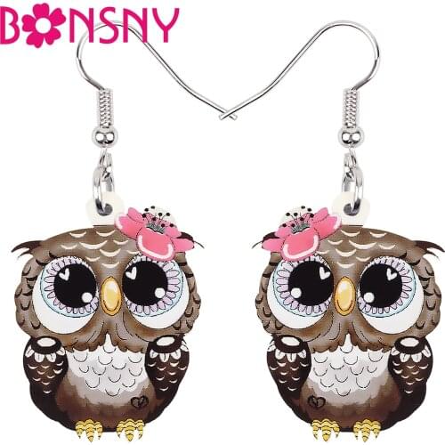 BONSNY Acrylic Sweet Flower Cartoon Owl Nighthawk Earrings Long Drop Dangle Novelty Charm Gifts Unique Jewelry For Women Girls