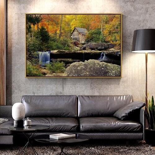 Artcozy Oil Canvas Painting Babcock_State_Park_Crist_Mill_autumn_forest_river_waterfall_mill_For Home Decoration Wall Art