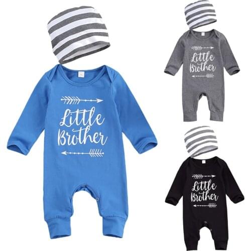Infant Newborn Baby Boy Long-sleeved Jumpsuit Letter Print Round Neck One Piece Long Pants and Hat Romper