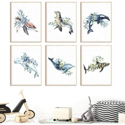 Whale Dolphin Turtle Fish Marine Life Art Canvas Painting Nordic Education Posters And Prints Wall Pictures Baby Kids Room Decor