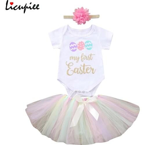 0-24 Months Newborn Baby Girl 3 Piece Outfits, My First Easter Letter Printed Romper Tops and Mesh Tutu Skirt Set with Headband