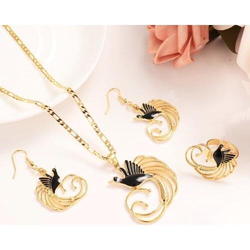 Gold color PNG Necklace pendant Earrings ring Set Women Party Gift african women Bird of Paradise wedding Jewelry girls charm