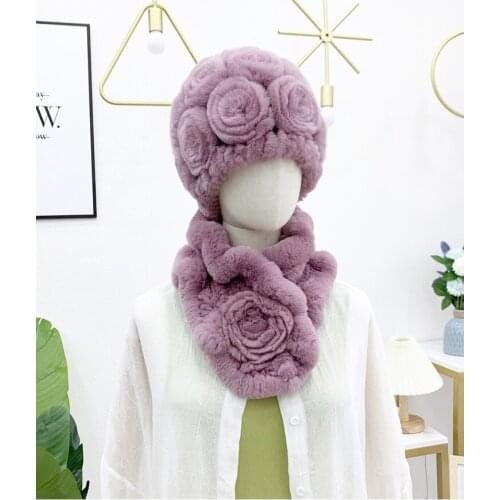 Real Rex Rabbit Fur Scarf Flower Fluffy Hat Winter Warm Knitted Women Cap Muffler Set 9 Colors Headwear