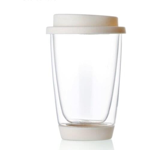 350ml 12 ounce Double wall Glass Coffee Mug With Beige Silicone Lid Matcha Tea Cup Juice Mug Heat Insulated Water Tea Bottle