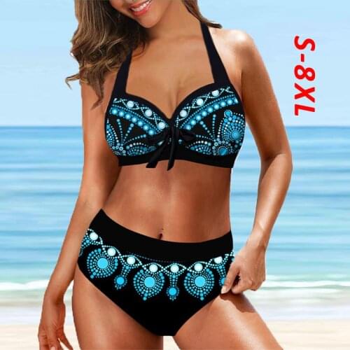 Plus Size 8XL Halter Swimwear Women Padded Up Bikini 2021 New Cutout Back Floral Swimsuit Backless Two Piece Bathing Suit Women