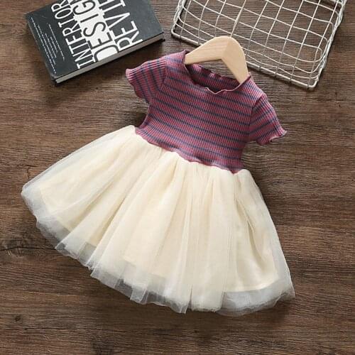 Summer Girls Kids Princess Dress Children Baby Infants Short Sleeve Striped Mesh Ball Gown Party Dresses Vestidos S12255
