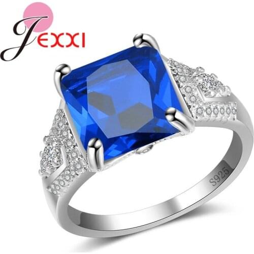 Statement Square Blue Stone Rings For Women Female Shiny Gifts 925 Sterling Silver Rhinestone Special Presents Hot Selling