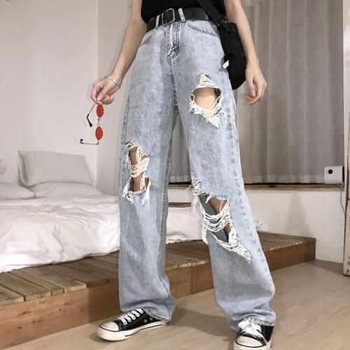 Fashion Women Ripped Holes Denim Pants Female Streetwear Casual Loose High Waist Straight Wide Leg Jeans Pants Oversized S-5XL