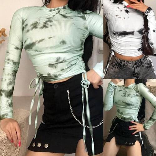 Fashion Women Stylish O Neck Long Sleeve Tie Dye Drawstring Ruche Crop Top Slim Blouse Slim Crop Top Summer Streetwear Top