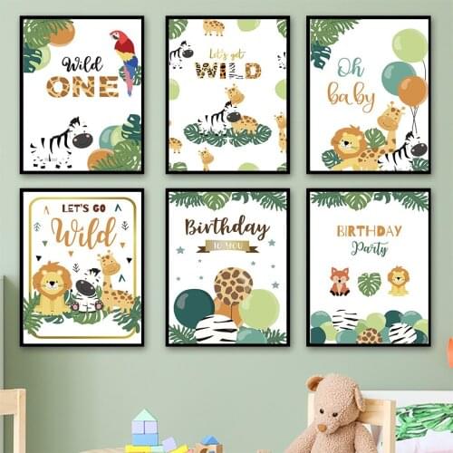Cartoon Green Plants Balloon Lion Parrot Monkey Wall Art Canvas Painting Nordic Posters And Prints Wall Pictures Kids Room Decor
