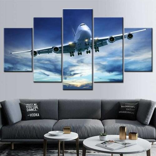 Canvas Wall Art Modular Picture Print Clear Blue Sky Flight Poster 5 Panel Passenger Machine Picture Living Room Decoration Home