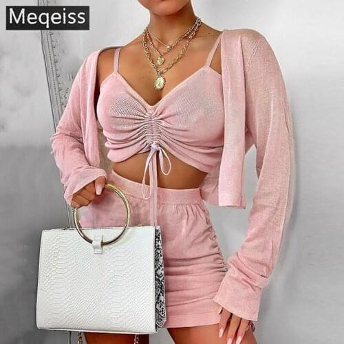 Meqeiss 2020 New Summer Fashion Casual Solid Color Shirt Strapless High Waist Lace Up Backless Shorts Three-piece Suit Women