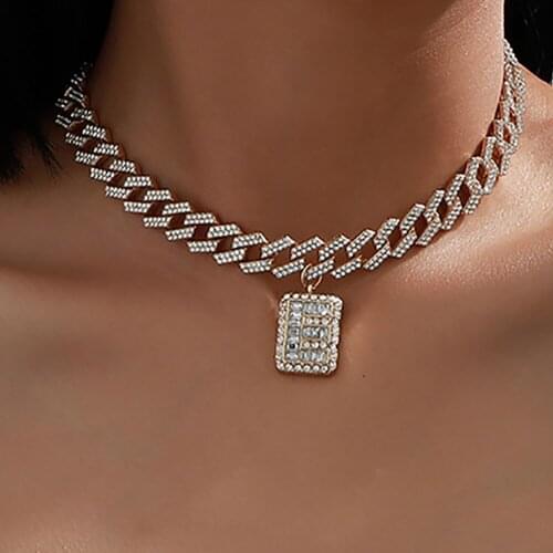 Luxury Shiny Golden Cuban Rhinestone Letter E Pendant Necklace Women Punk Popular Simple Thick Necklaces Bridal Wedding Jewelry