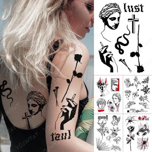 Waterproof Temporary Tattoo Sticker Snake Nail Rose Cross Old School Flash Tattoos Spider Angel Body Art Arm Fake Tatoo Women