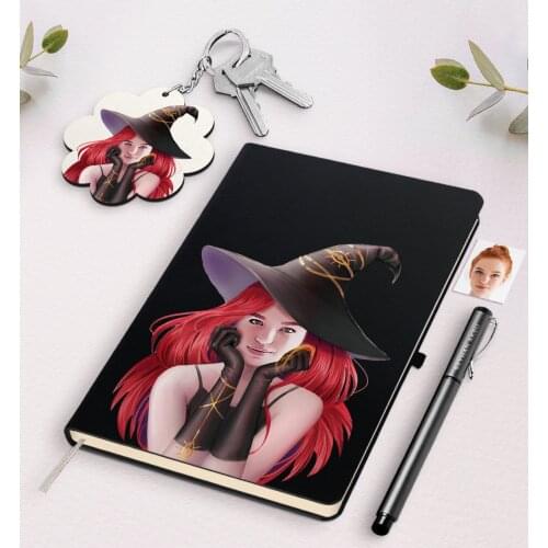 Personalized Women 'S Witch Caricature Of Black Notebook Pen And Keychain Gift Seti-2