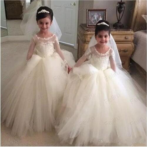 Simple Long Sleeves Flower Girls Dresses Sheer Jewel Neck Tulle Little Kids Formal Wedding Girls Pageant Dresses