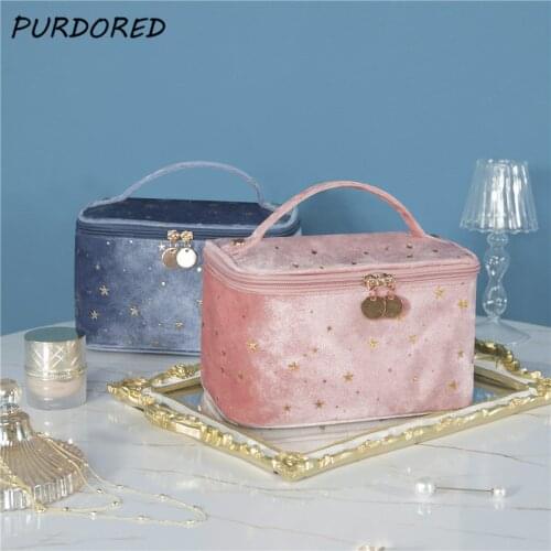 PURDORED 1 Pc Gold Star Cosmetic Bag Women Zipper Vintage Velvet Makeup Bag Solid Color Female Travel Make Up Beauty Case
