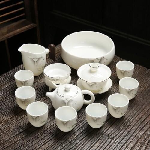 Suet Jade Kung Fu Tea Set White Porcelain Household Simple Living Room Office Set Ceramic Tea Cup High-end Gift Box