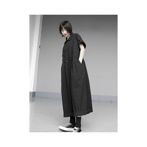 Summer new style lapel simple Japanese waist show thin loose casual uniform nine-minute jumpsuit culottes men and women