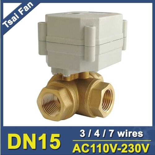 TF15-BH3-C Flow Control Brass 1/2'' (DN15) 3 Way T/L Type Horizontal Motorized Ball Valve AC110V-230V 3/4 Wires Metal Gear CE