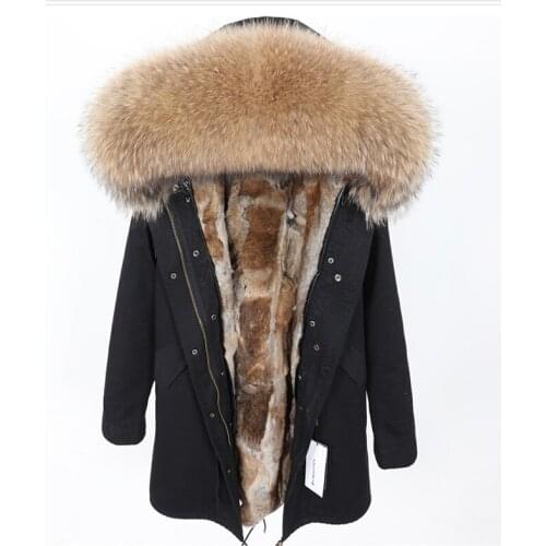 Thick Real Fur Coat Big Raccoon Fur Collar Hooded Jacket Coat Lining Winter Parka Fashion Womens Clothing Detachable Rabbit Fur