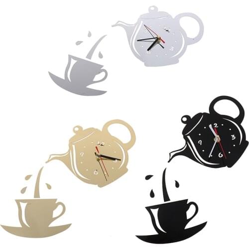 Creative DIY Acrylic Coffee Cup Teapot 3D Wall Clock Decorative Kitchen Wall Clocks Living Room Dining Room Home Decor Clock