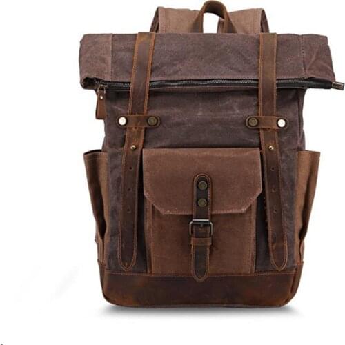 Vintage Style Mens Oil Wax Waterptoof Canvas Backpack Retro Canvas Bags Unisex Large Capacity Travelling Backpaks