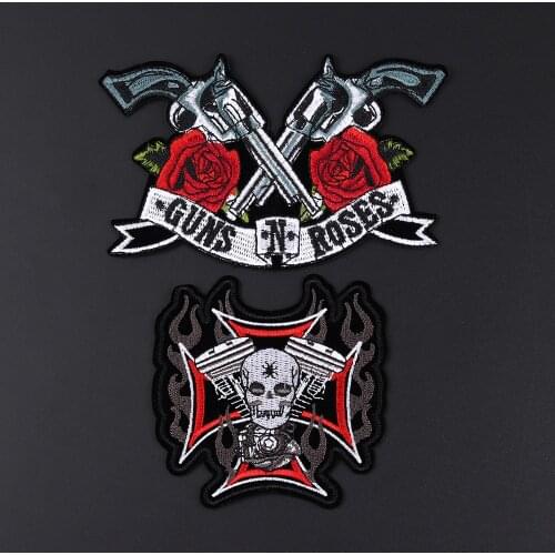 High quality small size GUN Rose Flower Applique Clothing Embroidery Punk skull Patch Iron On Patch For Clothing DIY