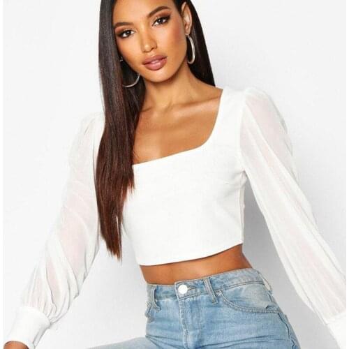 Puff Sleeve Spring Summer Mesh Spliced Low cut Blouse Shirt Women Tops And Blouses Sexy Vintage Shirt Women Crop Top Clubwear