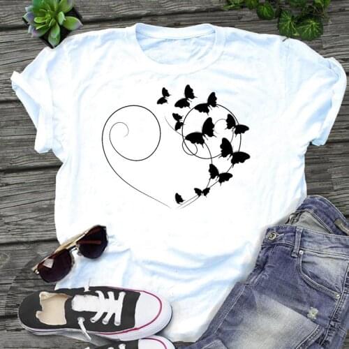 Women Heart Sweet Butterfly Love Trend Graphic Fashion Cartoon Print Kawaii Regular Female Tops Tees Clothes Tshirt T-Shirt