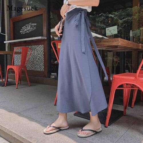 2020 New Summer A-Line One Piece Skirts Women Loose Solid High Waist Lace Up Chiffon Mid-calf Skirts Female Jupe Femme 9939
